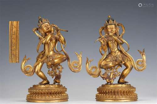 PAIR VERY RARE CHINESE TIBETAN BRONZE-GILT APSARAS