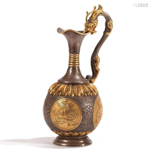 A CHINESE SILVER PARTLY-GILT DRAGON EWER