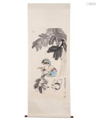 A CHINESE PAINTING OF FIGURAL STORY SIGNED CHENG SHIFA