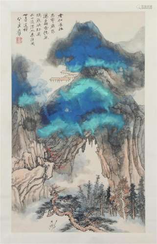 A CHINESE PAINTING OF BLUE AND GREEN LANDSCAPE SIGNED ZHANG ...