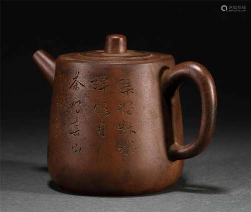 A CHINESE INSCRIBED YIXING-GLAZE TEAPOT