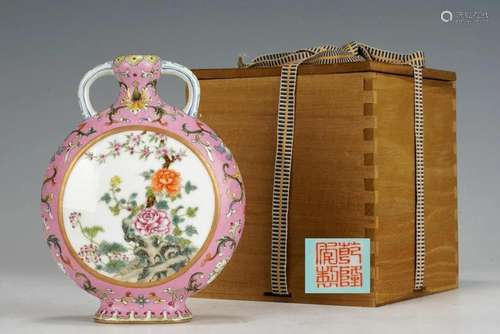 A CHINESE FAMILLE ROSE PEONY MOON FLASK