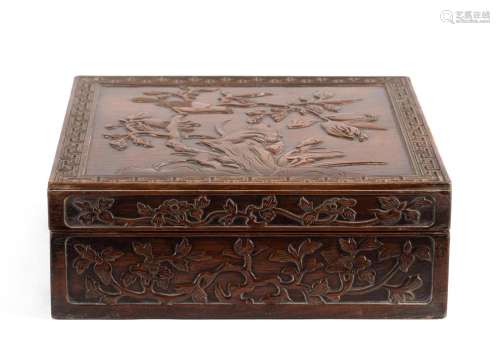 A CHINESE CARVED HARDWOOD ORCHID BOX WITH COVER
