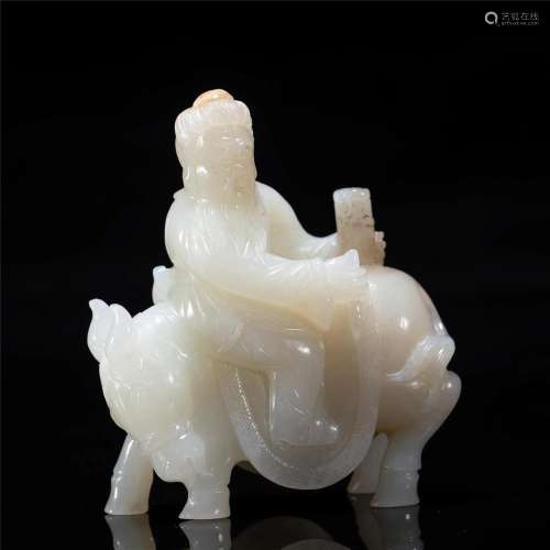 A CHINESE CARVED WHITE JADE FIGURE ON HORSE