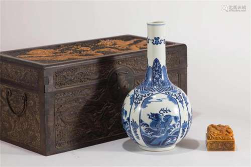 A CHINESE BLUE AND WHITE LANDSCAPE BOTTLE VASE WITH A TIANHU...