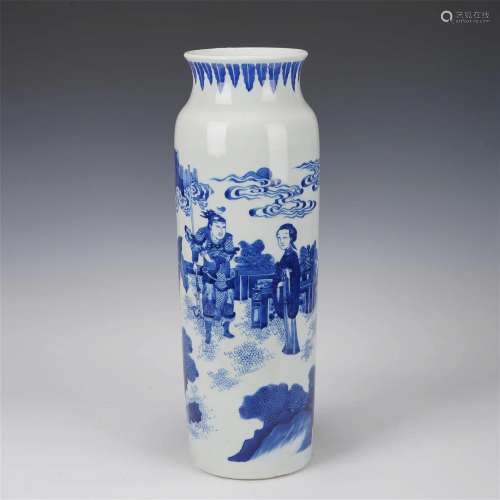 A CHINESE BLUE AND WHITE FIGURAL STORY SLEEVE VASE