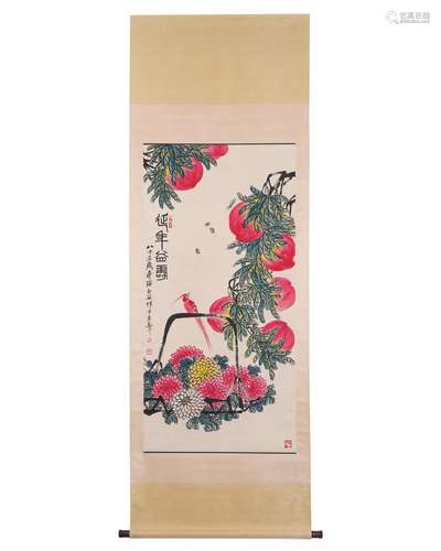 A CHINESE PAINTING OF PEACHES SIGNED QI BAISHI