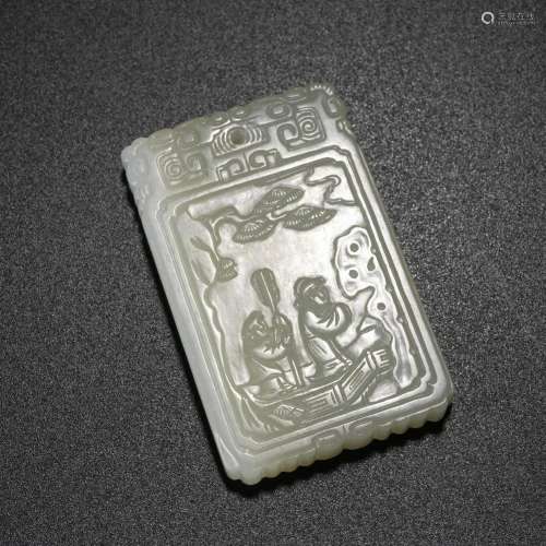 A CHINESE CARVED WHITE JADE FIGURAL STORY PLAQUE