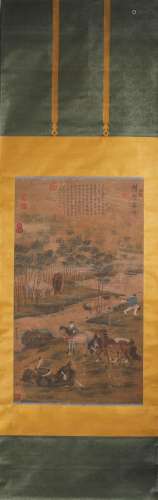 A Chinese figure silk scroll painting, Hangan mark