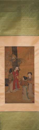 A Chinese figure silk scroll painting, Zhao Mengfu mark