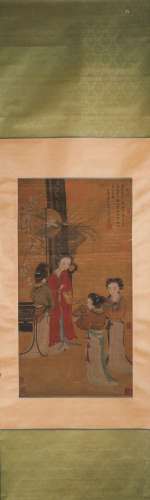 A Chinese figure silk scroll painting, Zhao Mengfu mark