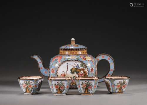 A set of figure patterned copper enamel teapot and cups, Qia...
