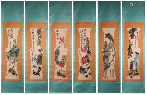 6 scrolls of Chinese bird-and-flower painting, Qi Baishi mar...