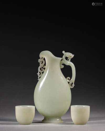 A set of jade cups and pot with dragon shaped handle, Qianlo...