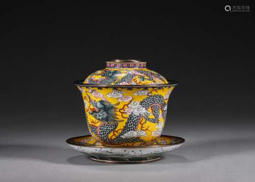 A cloud and dragon patterned copper enamel covered bowl, Qia...