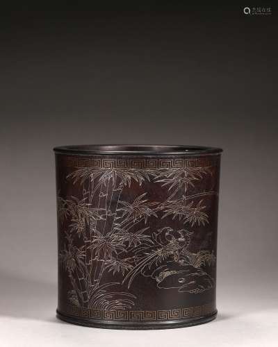A silver-inlaid bird and flower red sandalwood brush pot