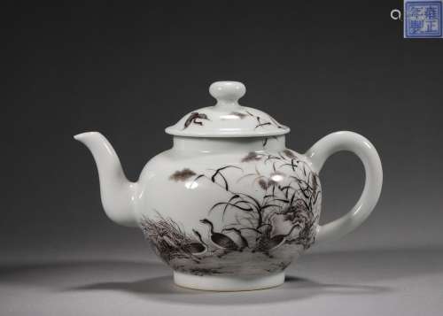 An ink colored wild goose porcelain teapot, Yongzheng period...