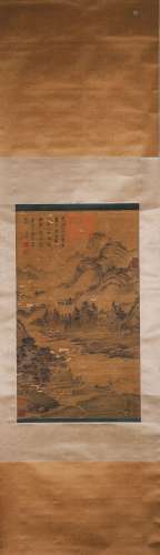 A Chinese landscape silk scroll painting, Dong Qichang mark