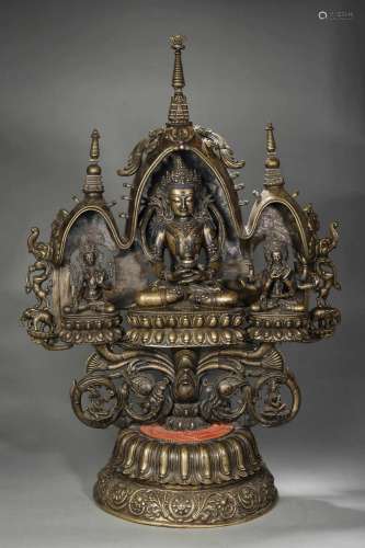 A silver-inlaid copper Amitabha buddha statue