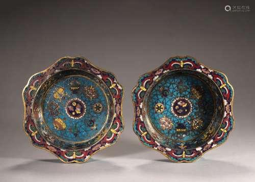 A pair of eight treasures patterned flower shaped cloisonne ...