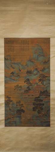 A Chinese landscape silk scroll painting, Qiuying mark