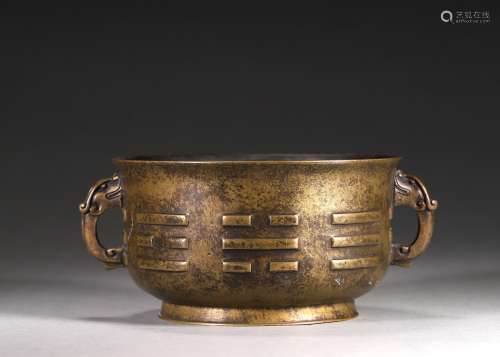 A bagua patterned copper censer with dragon shaped ears