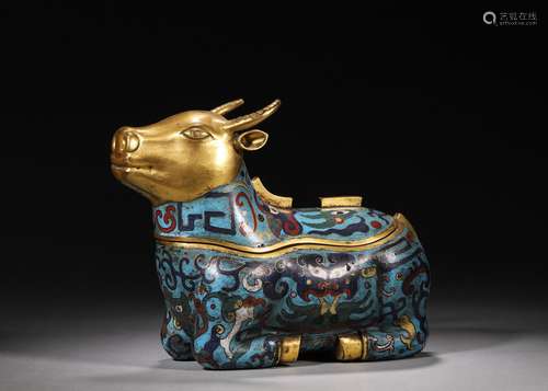 A cloisonne ox shaped box