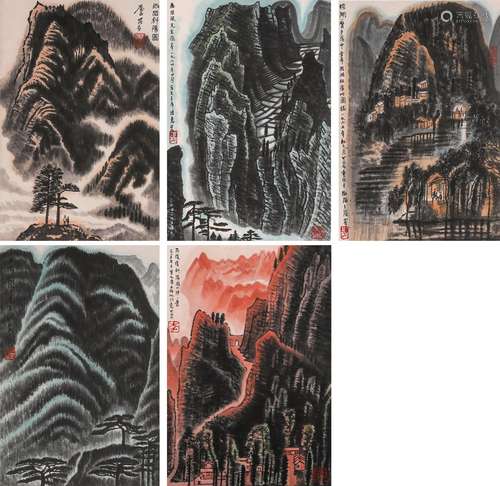 5 pages of Chinese landscape painting, Li Keran mark