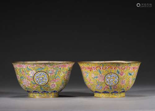 A pair of flower patterned copper enamel bowls