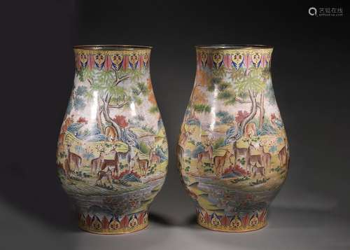 A pair of deer patterned copper enamel vases, Qianlong perio...