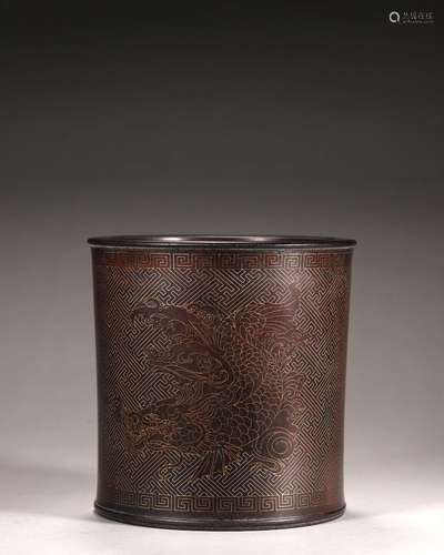 A silver-inlaid beast red sandalwood brush pot