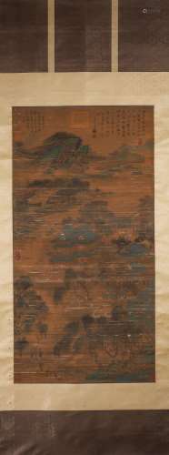 A Chinese landscape silk scroll painting, Licheng mark