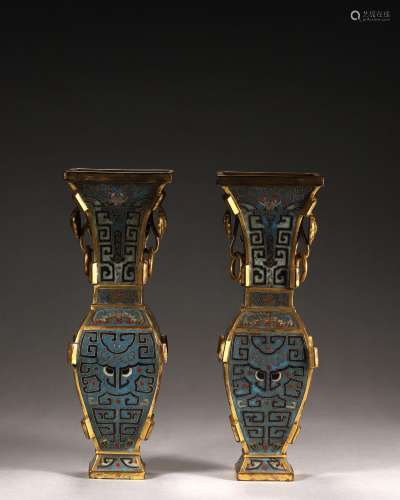 A pair of beast face patterned cloisonne vases, Qianlong per...