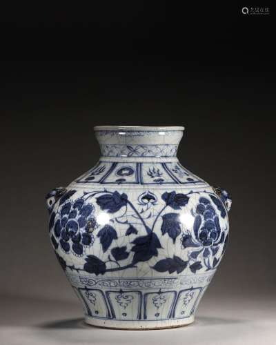 A blue and white flower porcelain zun with beast shaped ears