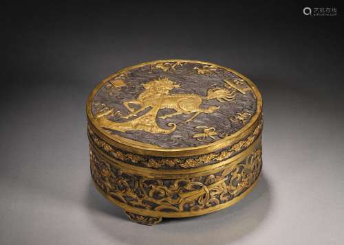 A qilin and eight treasures patterned gilding copper box, Qi...