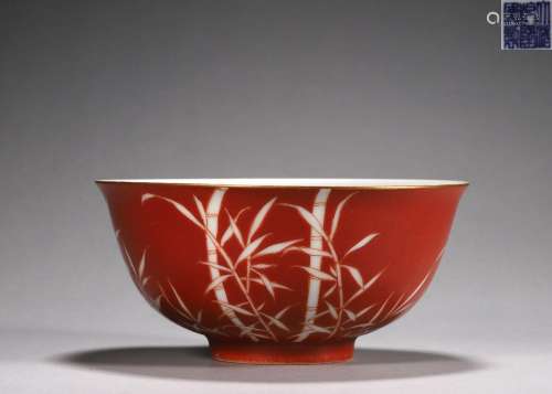 An iron red ground white bamboo porcelain bowl, Qianlong per...
