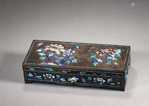 A silver enamel peony jewelry case