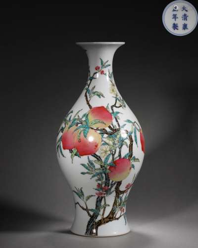 A famille rose peach porcelain olive shaped vase, Yongzheng ...
