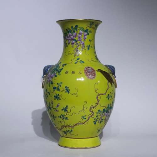 A yellow ground famille-rose 'floral and birds' vase