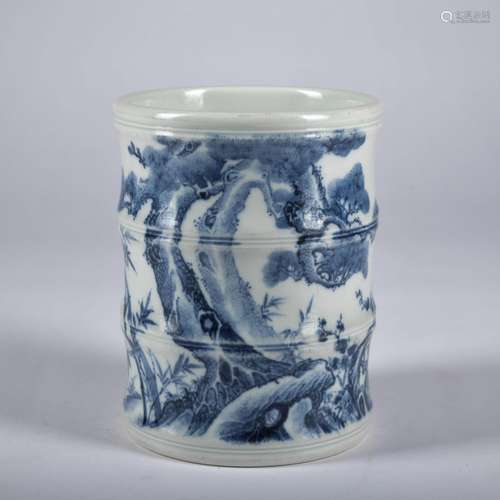 A blue and white 'landscape' pen container