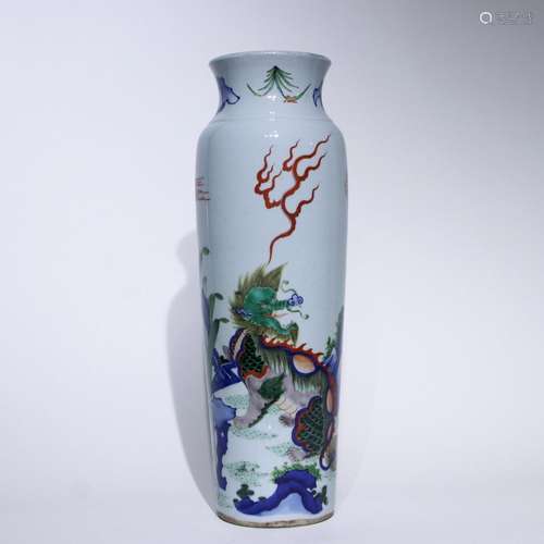 A blue and white Wu cai ' unicorn' vase