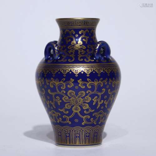 A blue glazed jar painting in gold