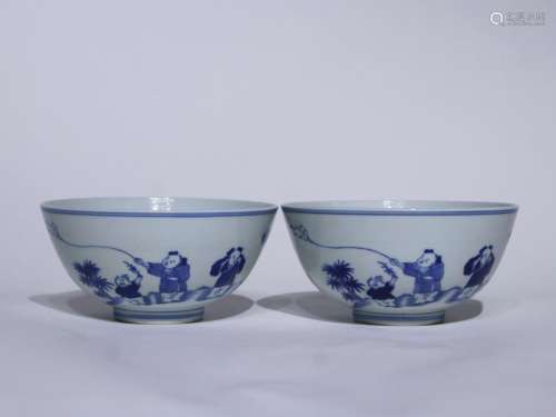 A pair of blue and white 'kids' bowl
