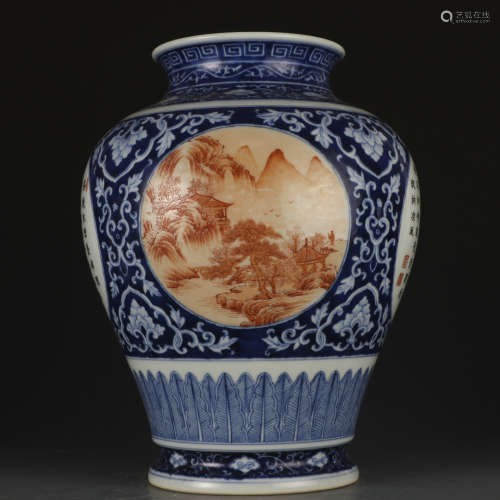 A blue and white allite red glazed 'landscape' jar