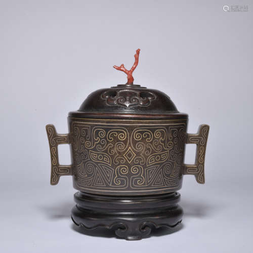 A bronze censer gilt with gold and silver