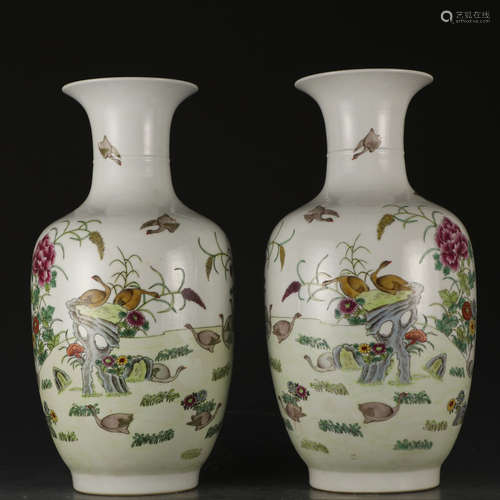 A pair of famille-rose 'floral and birds' vase