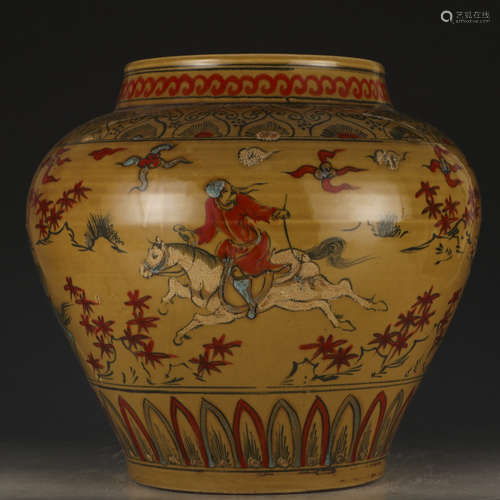 A yellow ground famille-rose 'horses' jar