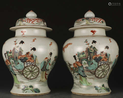 A pair of Wu cai 'figure' jar and cover