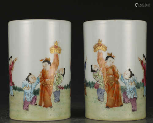 A pair of famille-rose 'figure' pen container