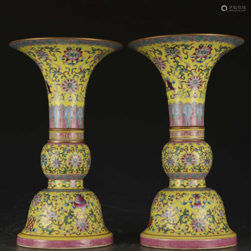 A pair of yellow ground 'floral' vase